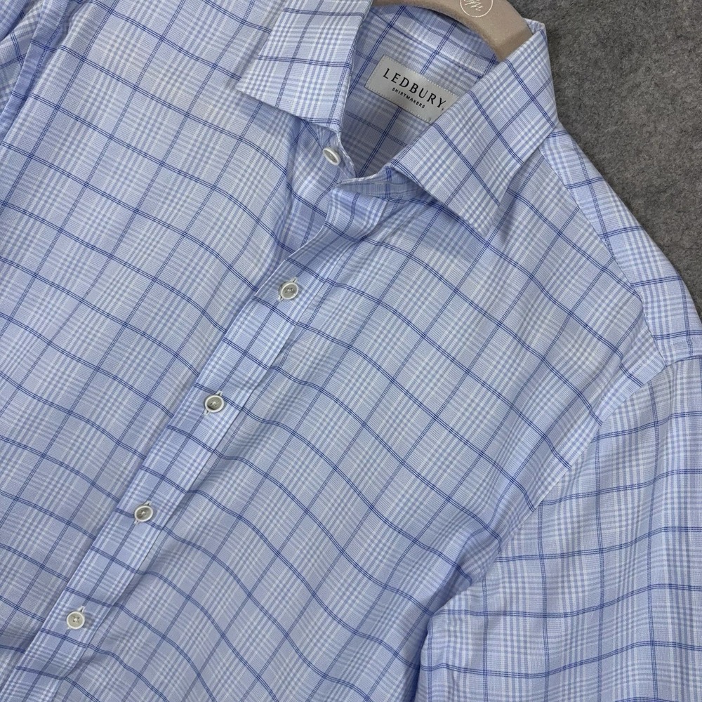 Ledbury Button Up Dress Shirt Mens 15.5 Blue Windowpane Tailored Fit